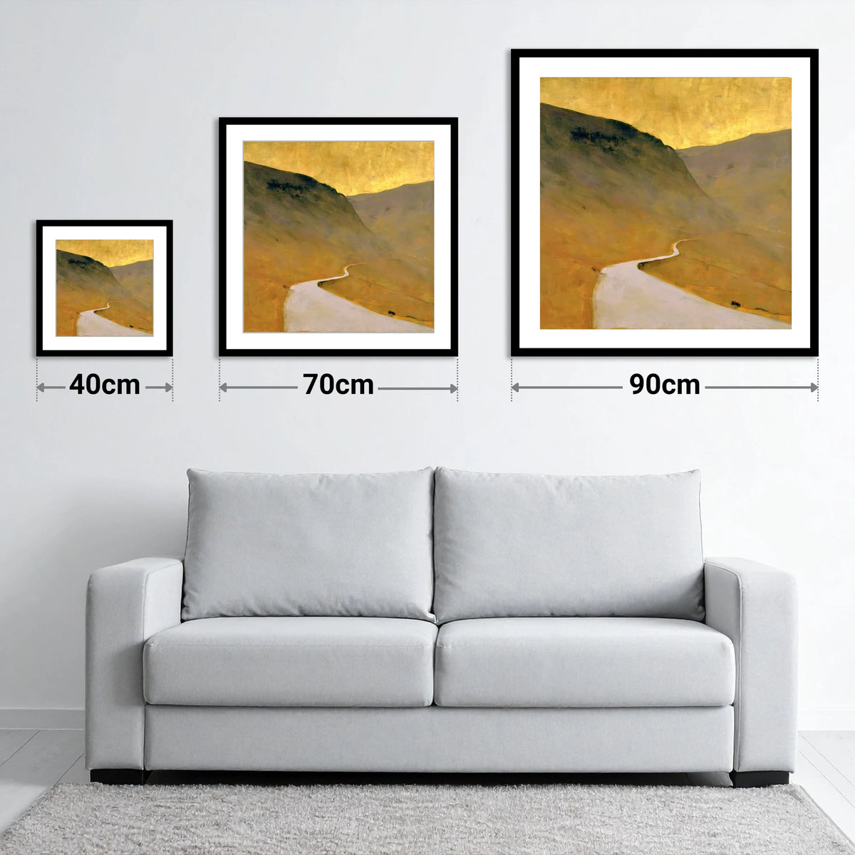 Winding Pass in Golden Light - size guide showing 40cm, 70cm and 90cm art prints
