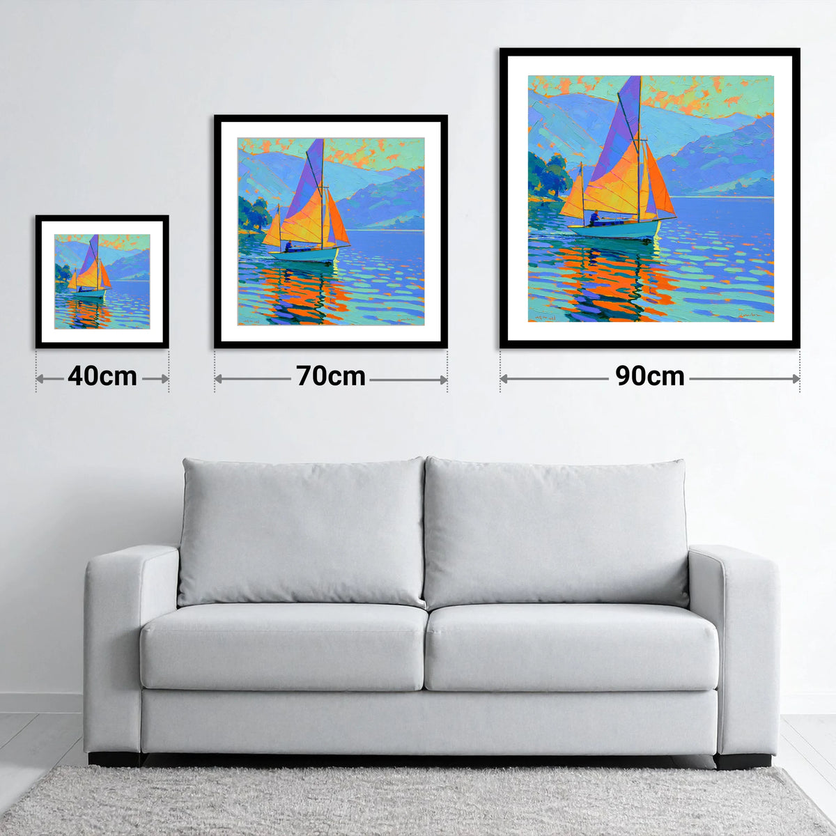 Vibrant Sails on a Breezy Lake - size guide showing 40cm, 70cm and 90cm art prints