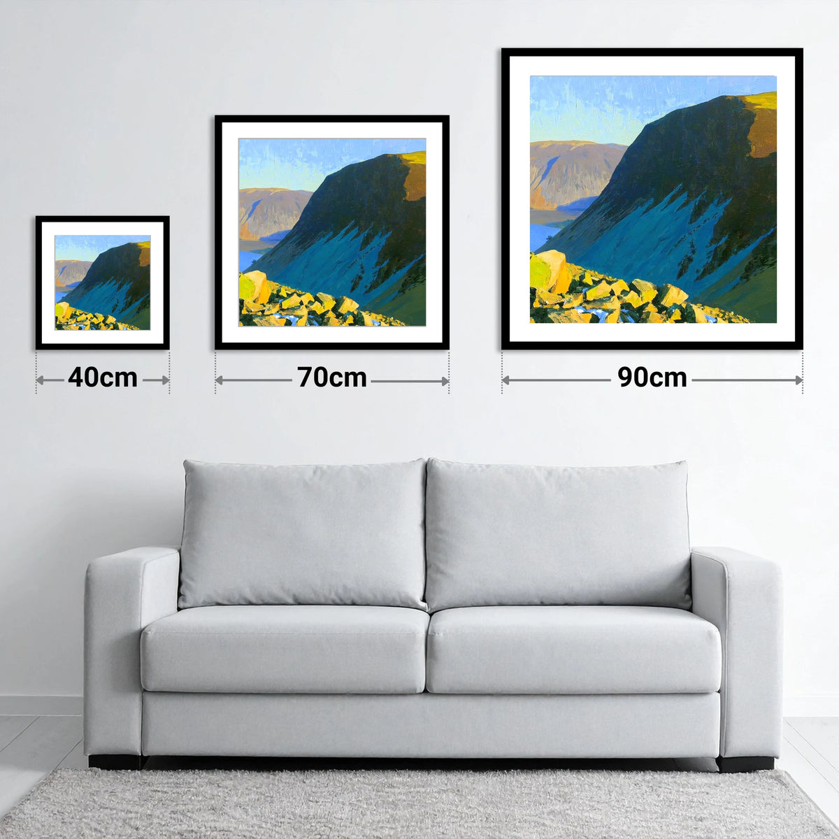 Whin Rigg Scree in Blue Shadow - size guide showing 40cm, 70cm and 90cm art prints