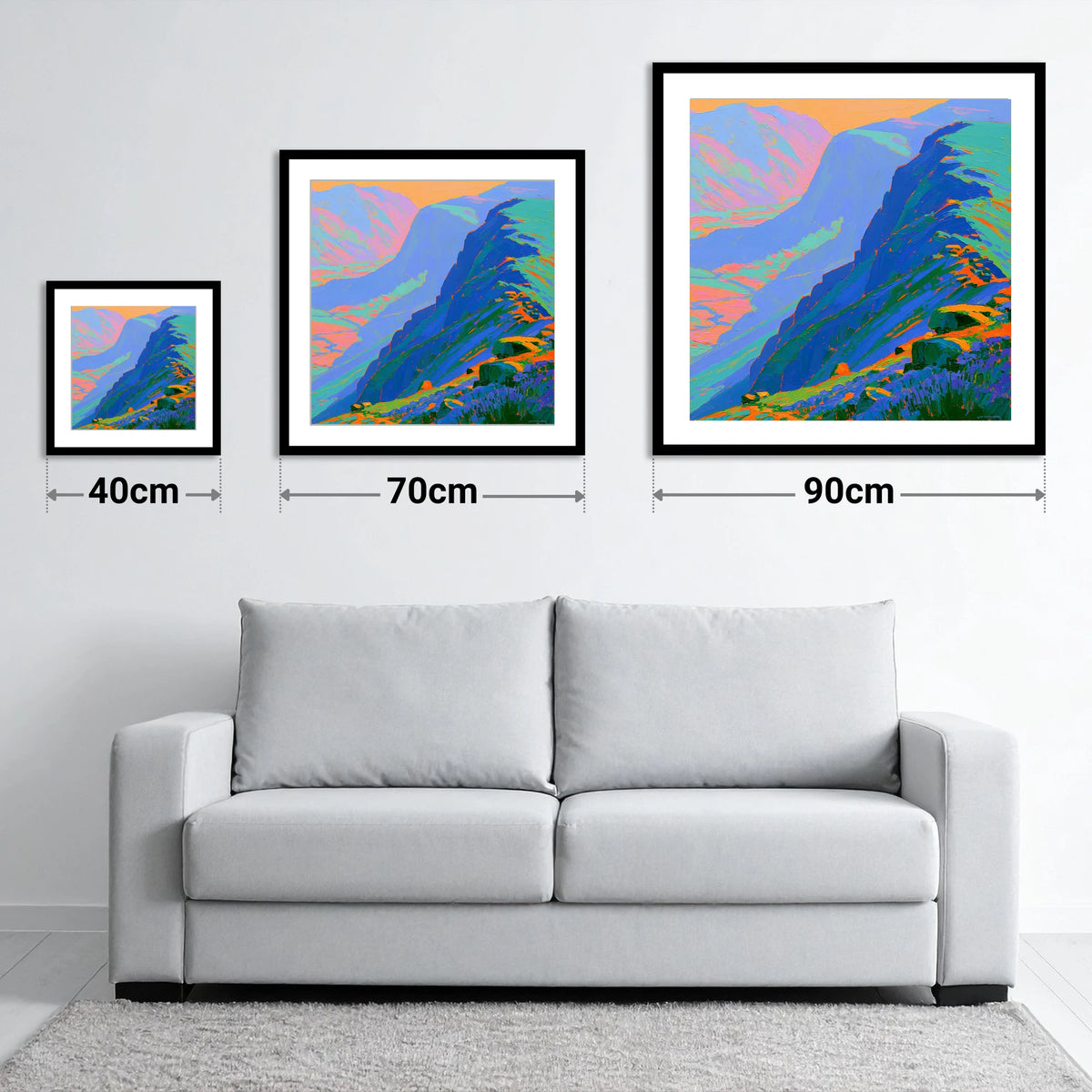 Electric Blue Mountain Ridge - size guide showing 40cm, 70cm and 90cm art prints