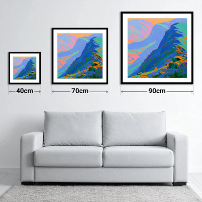 Electric Blue Mountain Ridge - size guide showing 40cm, 70cm and 90cm art prints