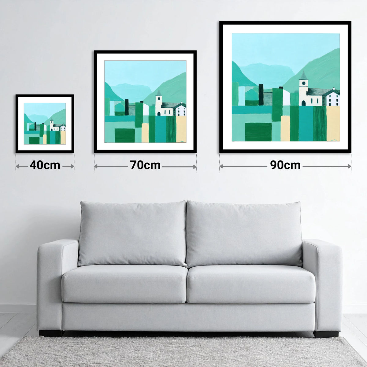 Keswick Townscape in Bold Greens - size guide showing 40cm, 70cm and 90cm art prints