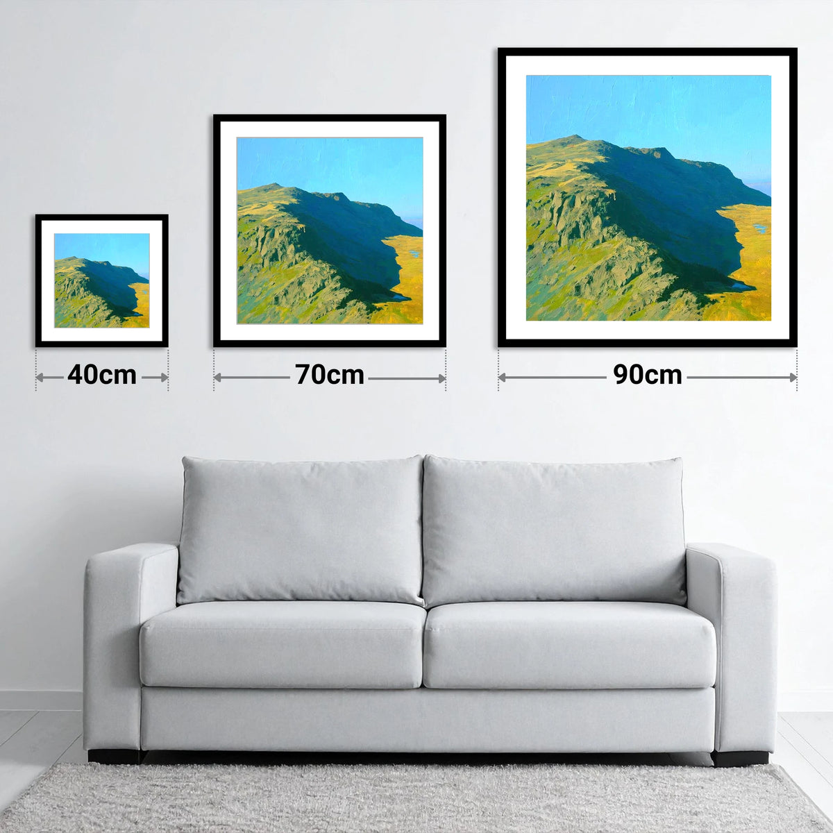 Thunacar Knott Ridge and Crags - size guide showing 40cm, 70cm and 90cm art prints