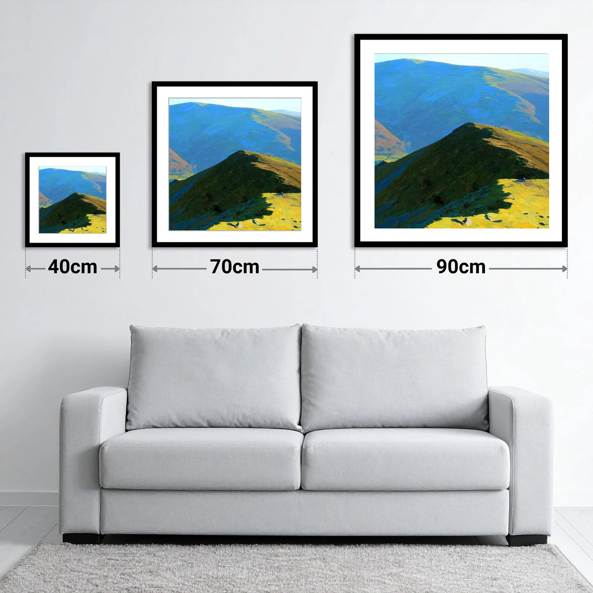 Hartsop Above How Sunlit Ridge - size guide showing 40cm, 70cm and 90cm art prints
