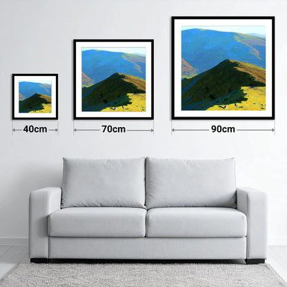 Hartsop Above How Sunlit Ridge - size guide showing 40cm, 70cm and 90cm art prints