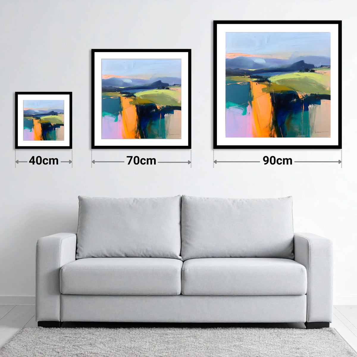 Vibrant Golden Evening Fells - size guide showing 40cm, 70cm and 90cm art prints