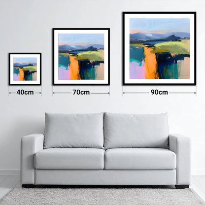 Vibrant Golden Evening Fells - size guide showing 40cm, 70cm and 90cm art prints