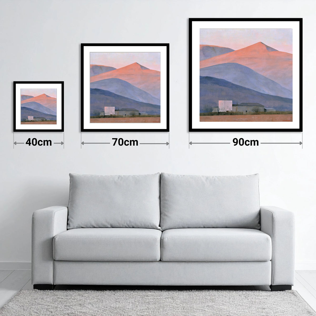 Evening Light on Lavender Fells - size guide showing 40cm, 70cm and 90cm art prints