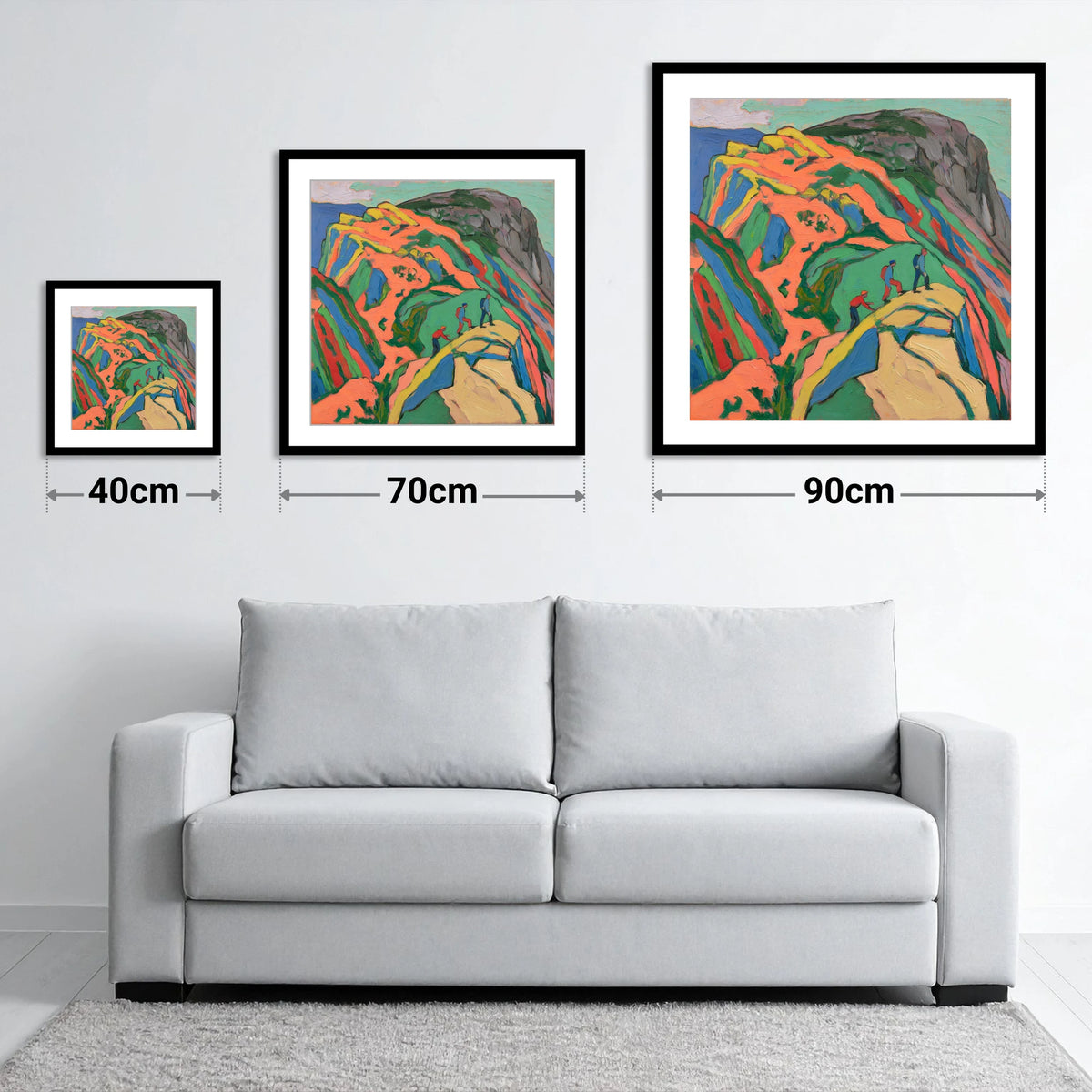 Climbers on the Bright Orange Crag - size guide showing 40cm, 70cm and 90cm art prints