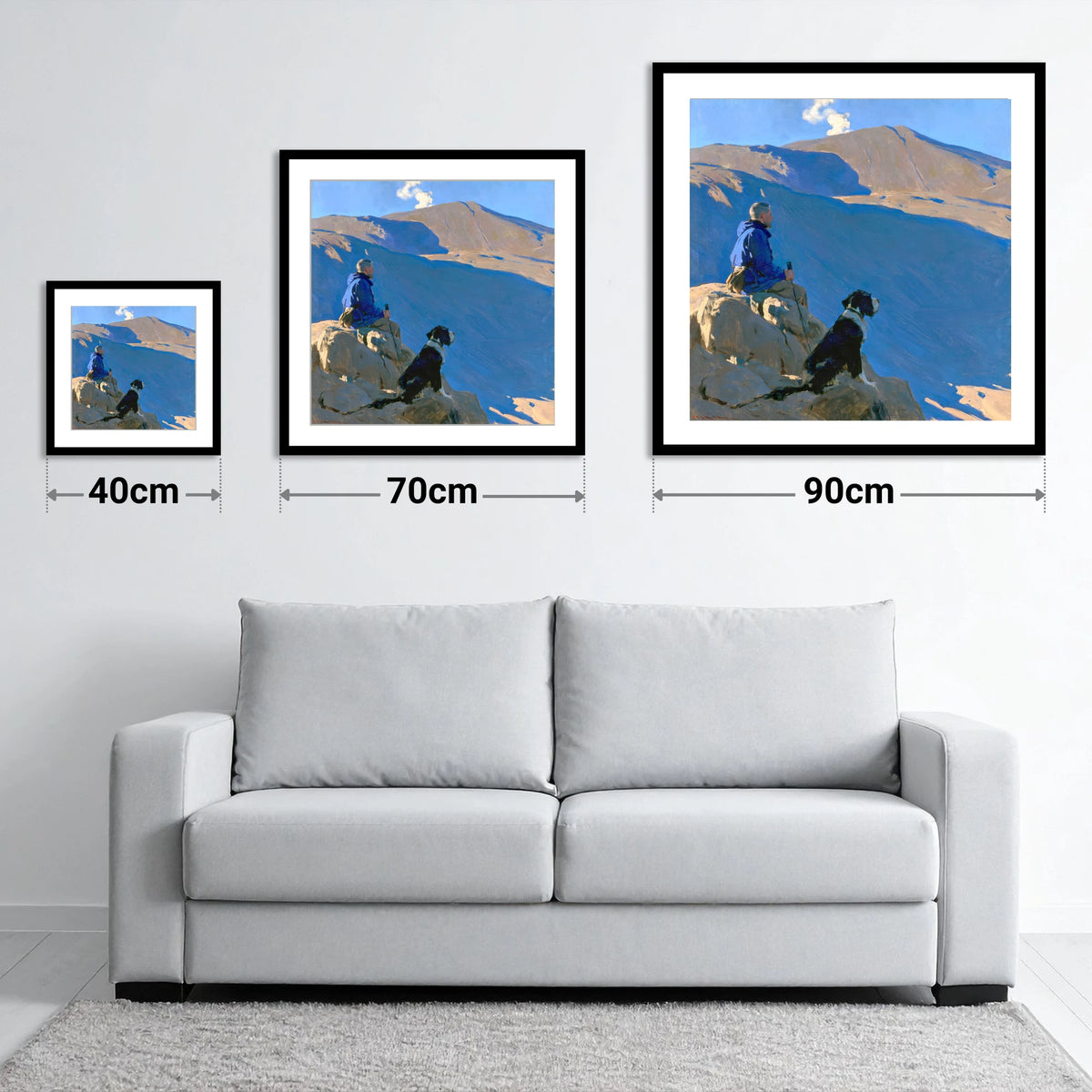 Sunlit Walker and Dog on Great Gable - size guide showing 40cm, 70cm and 90cm art prints