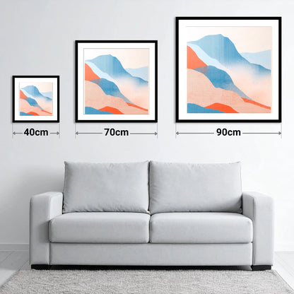 Great Langdale in Blue and Coral - size guide showing 40cm, 70cm and 90cm art prints