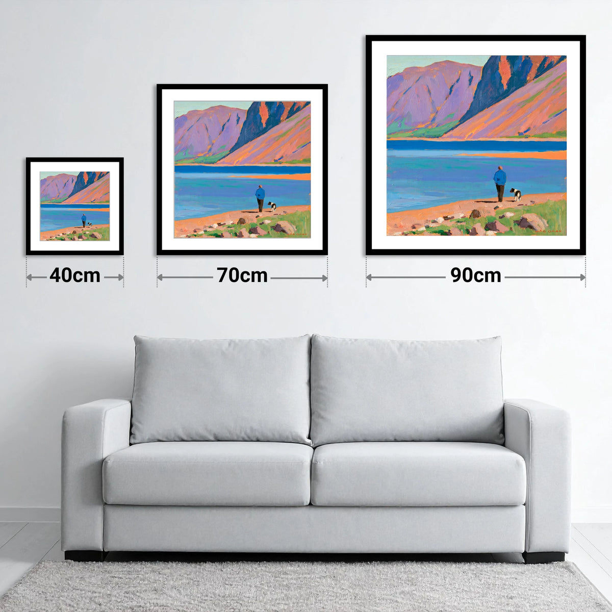 Vibrant Wast Water Dog Walk - size guide showing 40cm, 70cm and 90cm art prints