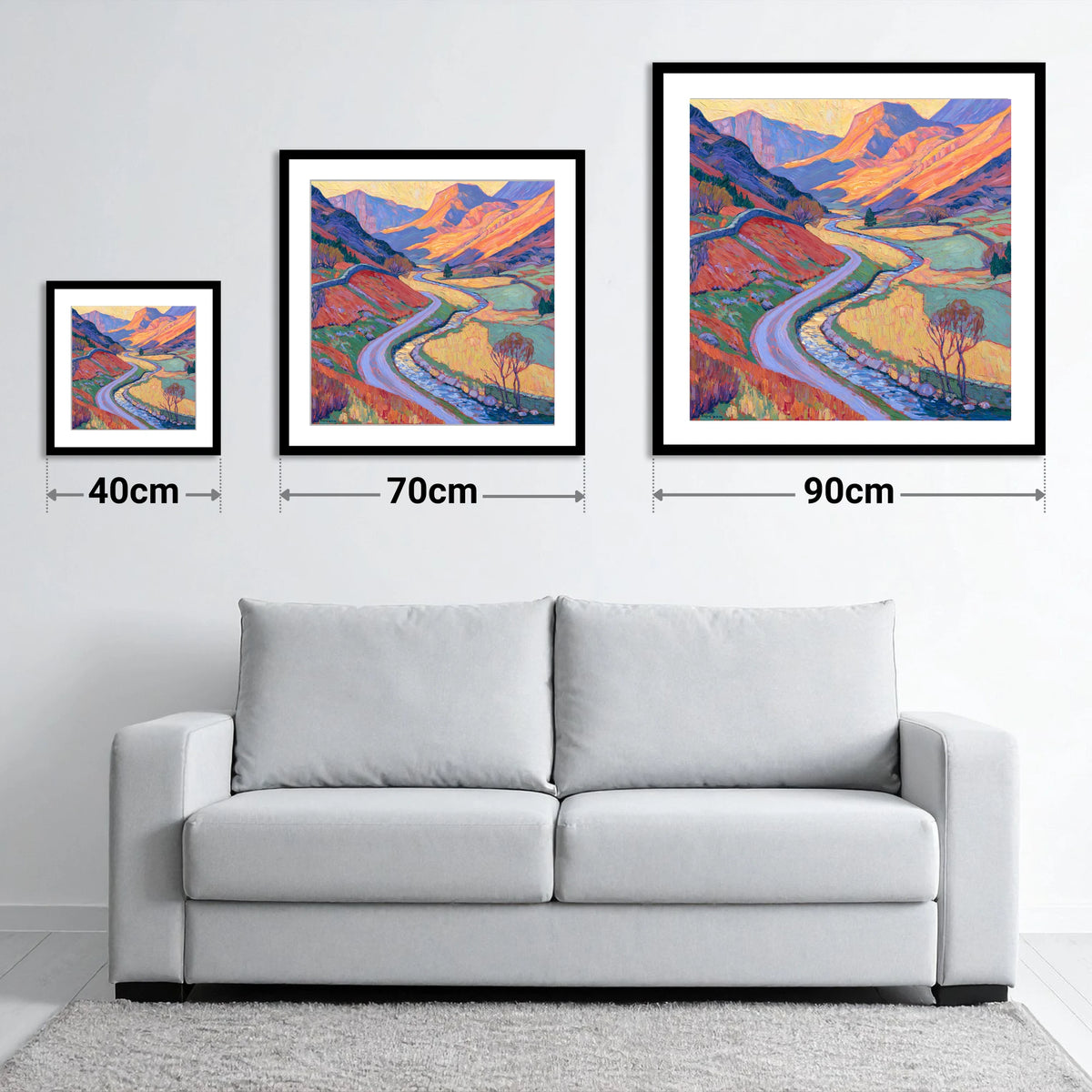 Winding Valley River in Radiant Amber - size guide showing 40cm, 70cm and 90cm art prints