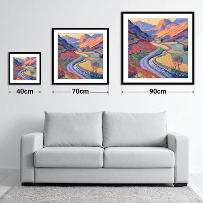 Winding Valley River in Radiant Amber - size guide showing 40cm, 70cm and 90cm art prints