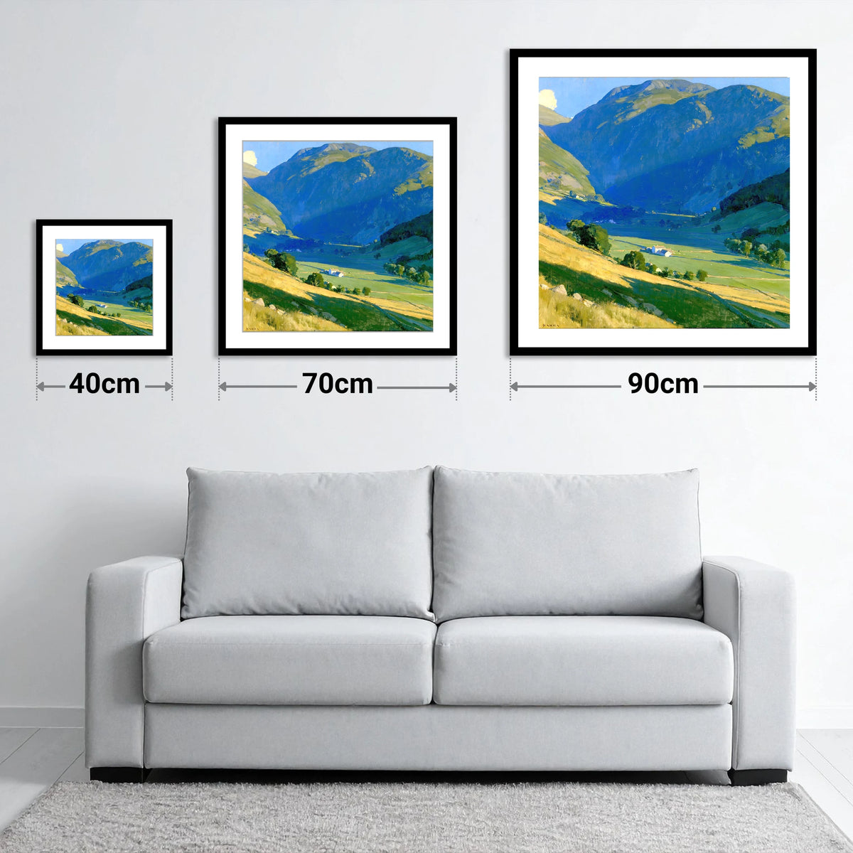 Sunlit Green Valley Between Fells - size guide showing 40cm, 70cm and 90cm art prints