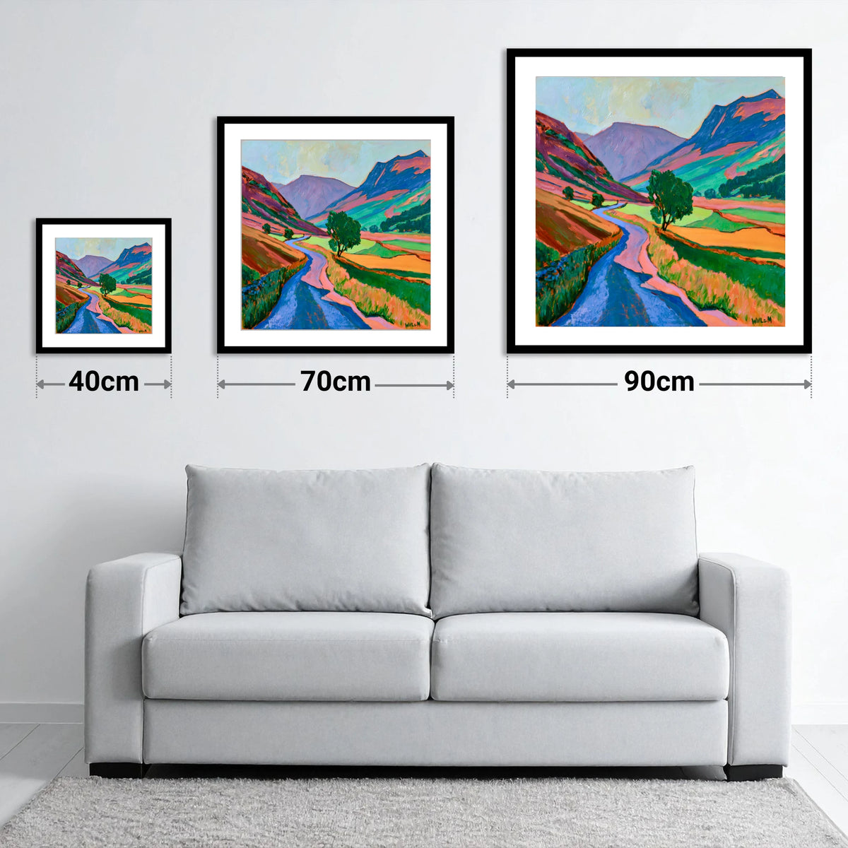 Winding Road Through Vibrant Fells - size guide showing 40cm, 70cm and 90cm art prints