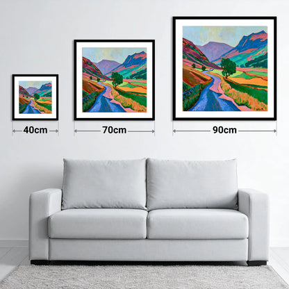 Winding Road Through Vibrant Fells - size guide showing 40cm, 70cm and 90cm art prints