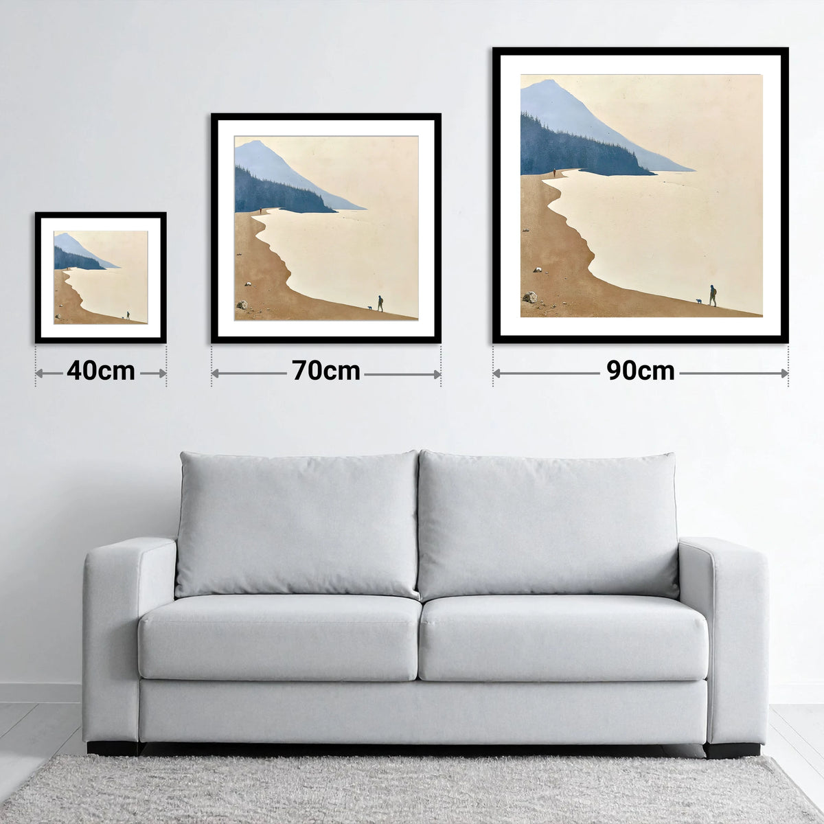 Misty Shoreline Walk with Dog - size guide showing 40cm, 70cm and 90cm art prints