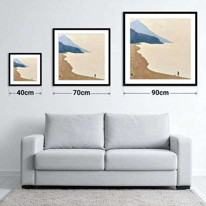 Misty Shoreline Walk with Dog - size guide showing 40cm, 70cm and 90cm art prints
