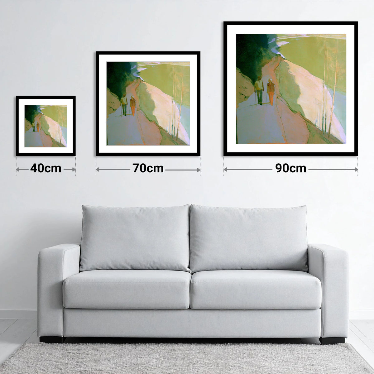 Hikers on Lakeside Mountain Path - size guide showing 40cm, 70cm and 90cm art prints