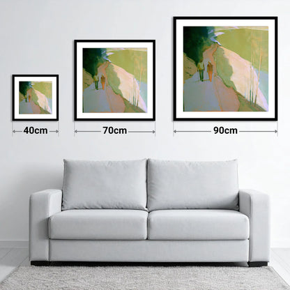 Hikers on Lakeside Mountain Path - size guide showing 40cm, 70cm and 90cm art prints
