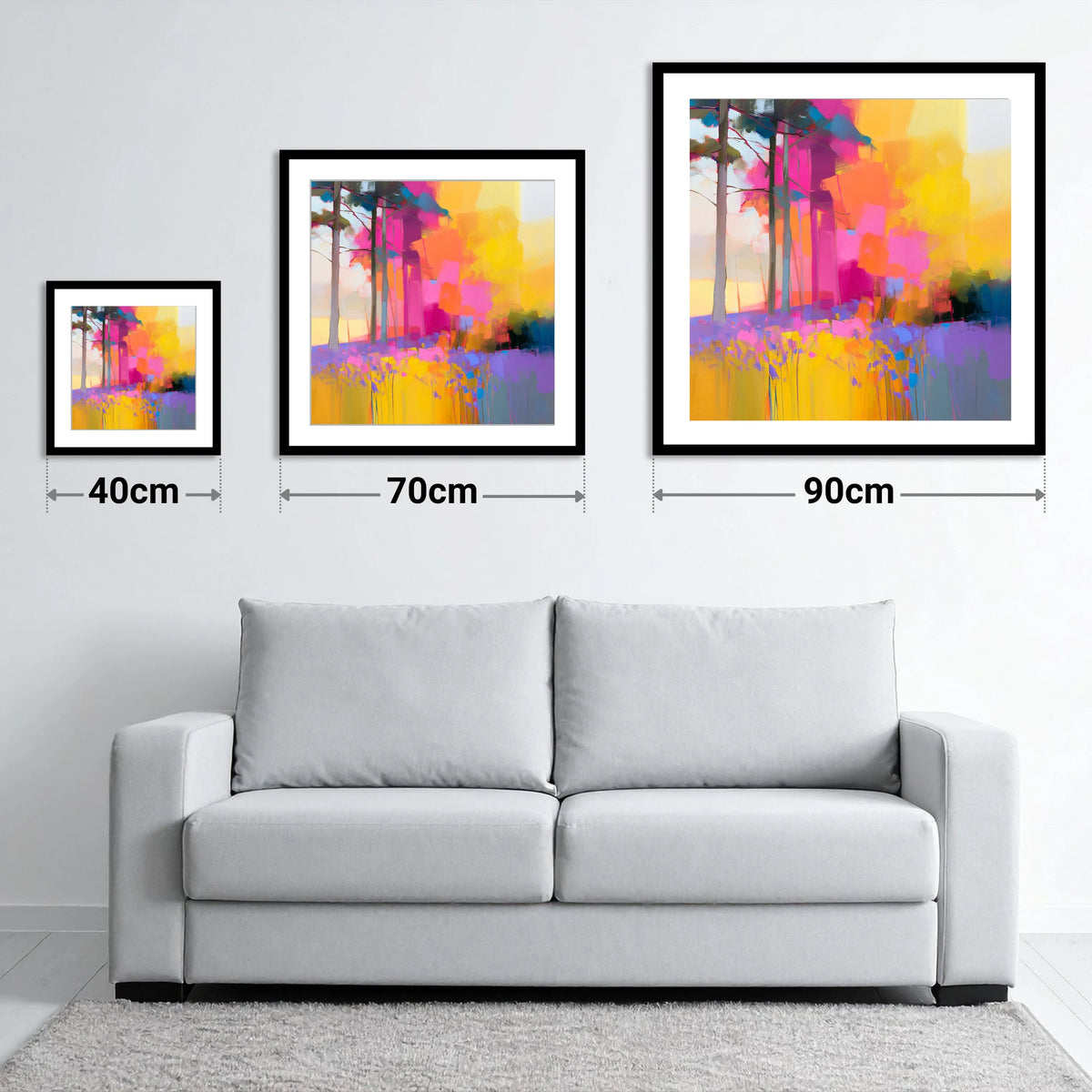 Vivid Bluebell Woods - size guide showing 40cm, 70cm and 90cm art prints