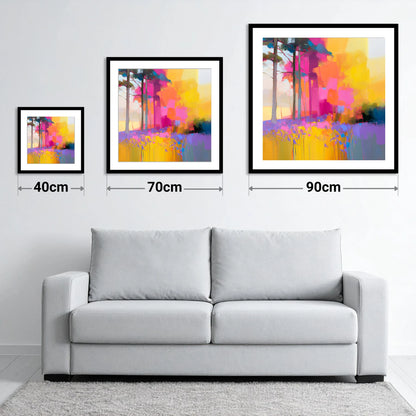 Vivid Bluebell Woods - size guide showing 40cm, 70cm and 90cm art prints