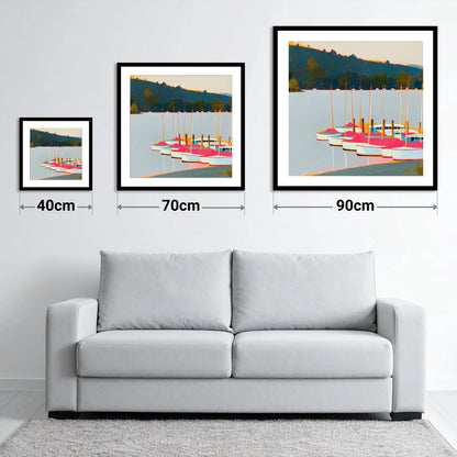 Vibrant Pink Boats on Windermere - size guide showing 40cm, 70cm and 90cm art prints