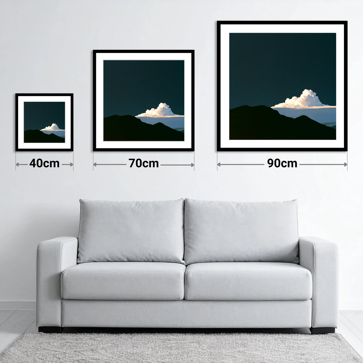 Dramatic Storm Cloud Over Fells - size guide showing 40cm, 70cm and 90cm art prints