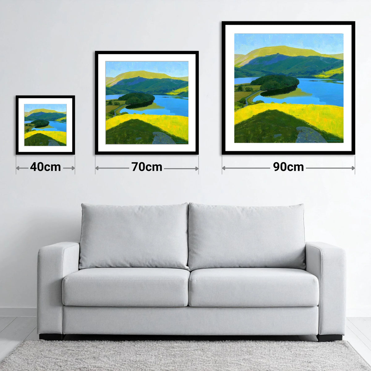 Vibrant Selside Pike Above Lake - size guide showing 40cm, 70cm and 90cm art prints