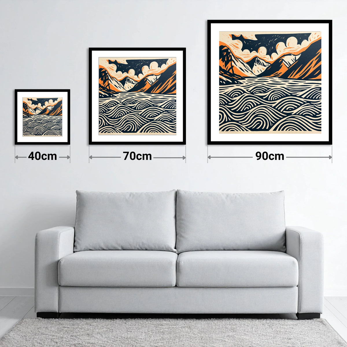 Wastwater in Navy and Terracotta - size guide showing 40cm, 70cm and 90cm art prints