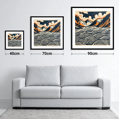 Wastwater in Navy and Terracotta - size guide showing 40cm, 70cm and 90cm art prints