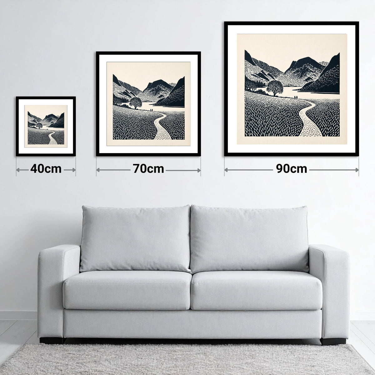 Winding Path at Buttermere - size guide showing 40cm, 70cm and 90cm art prints