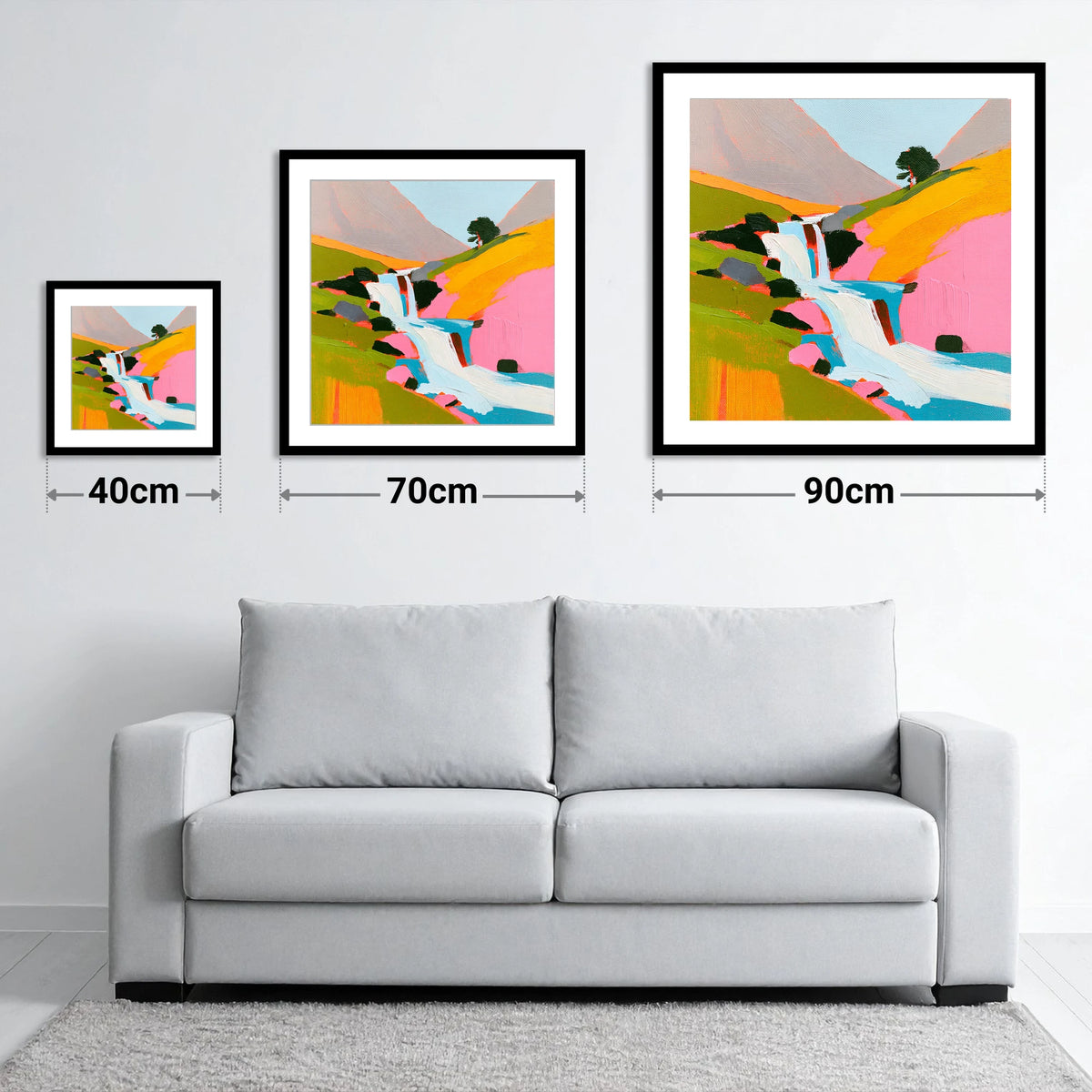 Vibrant Fellside Beck Waterfall - size guide showing 40cm, 70cm and 90cm art prints