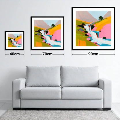 Vibrant Fellside Beck Waterfall - size guide showing 40cm, 70cm and 90cm art prints