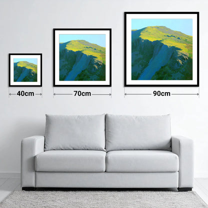 Pike of Blisco Sunlit Summit - size guide showing 40cm, 70cm and 90cm art prints