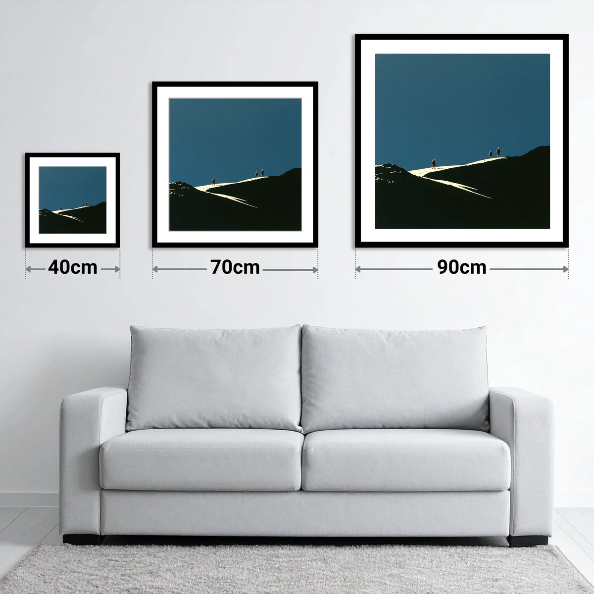 Hikers on a Sunlit Ridge - size guide showing 40cm, 70cm and 90cm art prints