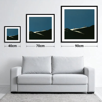 Hikers on a Sunlit Ridge - size guide showing 40cm, 70cm and 90cm art prints