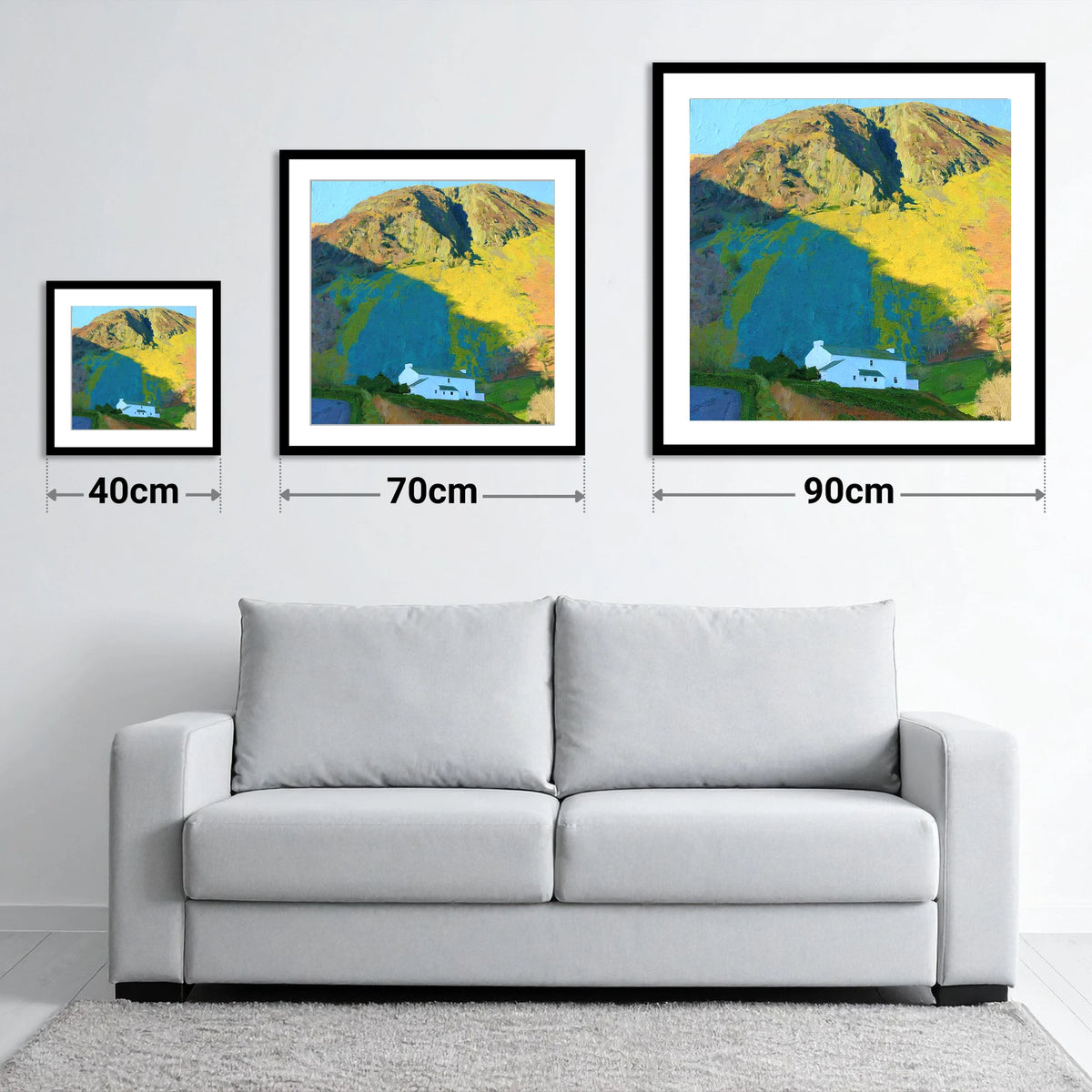 Striking Shadows on Barf Fell - size guide showing 40cm, 70cm and 90cm art prints