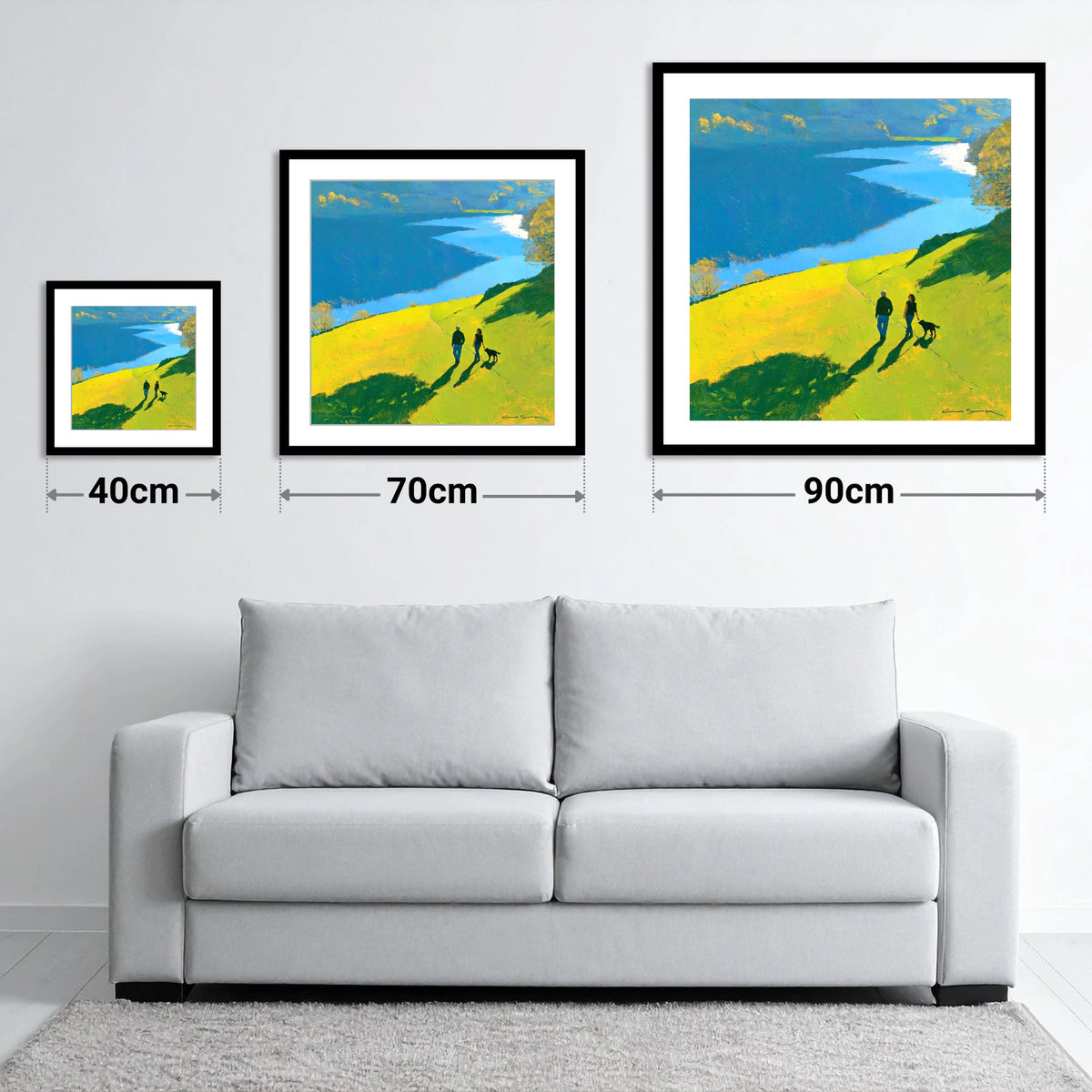 Sunlit Grasmere Dog Walk - size guide showing 40cm, 70cm and 90cm art prints