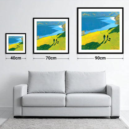 Sunlit Grasmere Dog Walk - size guide showing 40cm, 70cm and 90cm art prints