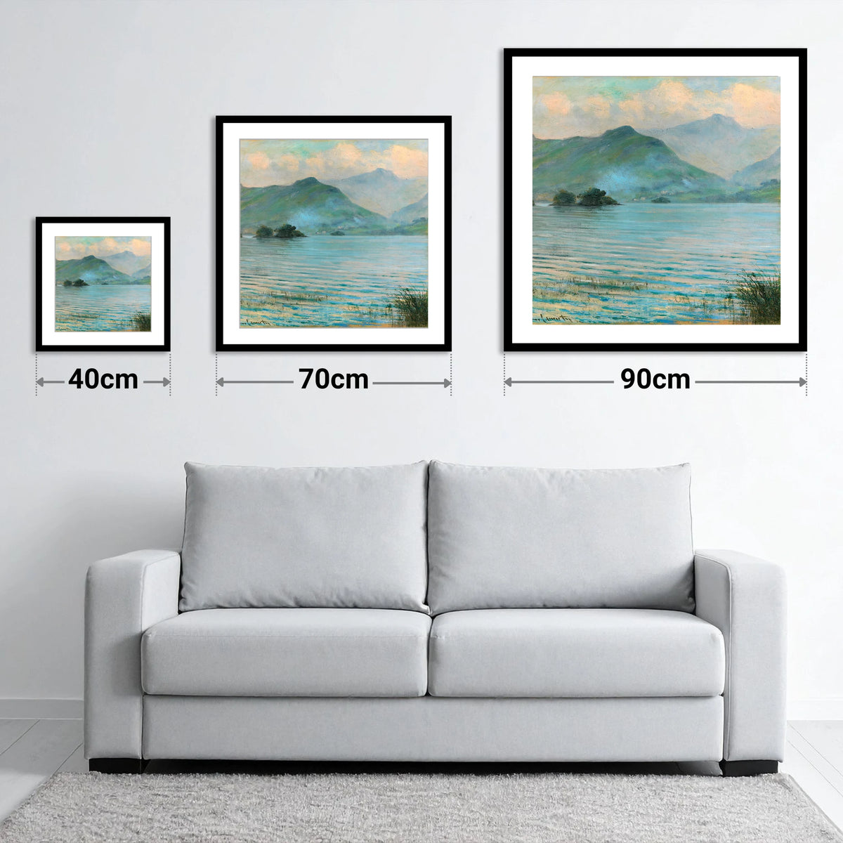 Hazy Catbells Over Derwentwater - size guide showing 40cm, 70cm and 90cm art prints