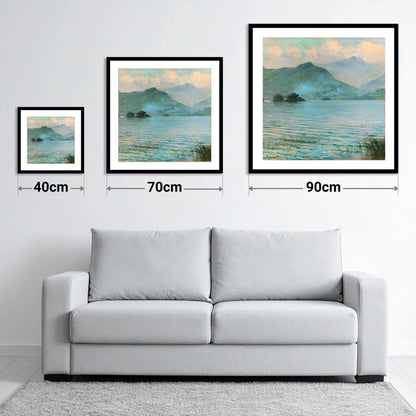 Hazy Catbells Over Derwentwater - size guide showing 40cm, 70cm and 90cm art prints