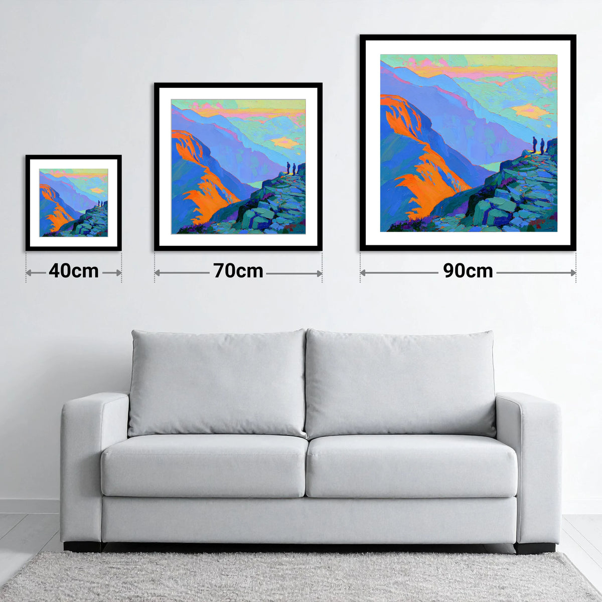 Vibrant Sunlight on the Summit - size guide showing 40cm, 70cm and 90cm art prints