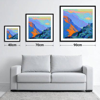 Vibrant Sunlight on the Summit - size guide showing 40cm, 70cm and 90cm art prints
