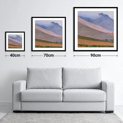 Dusk Pink Fells Under Cloud - size guide showing 40cm, 70cm and 90cm art prints