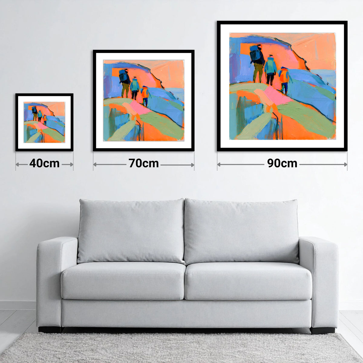 Abstract Hikers on a Fell - size guide showing 40cm, 70cm and 90cm art prints