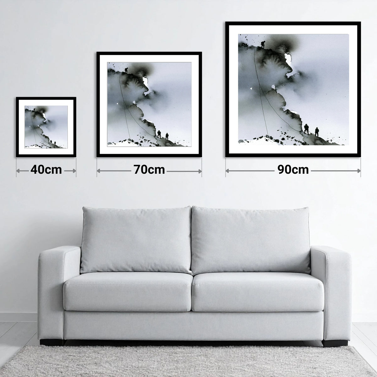 Monochrome Climbers on a Crag - size guide showing 40cm, 70cm and 90cm art prints