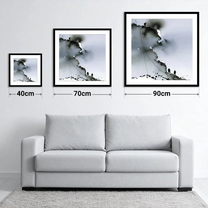 Monochrome Climbers on a Crag - size guide showing 40cm, 70cm and 90cm art prints