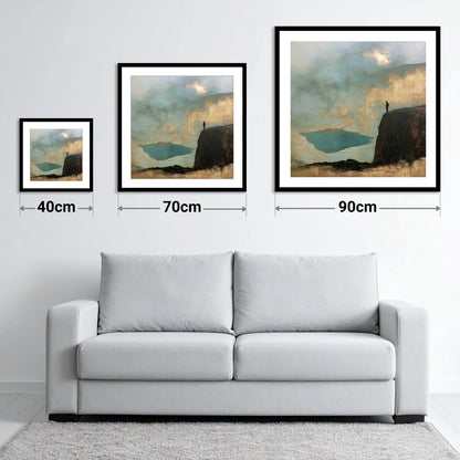 Helvellyn Walker in Golden Light - size guide showing 40cm, 70cm and 90cm art prints